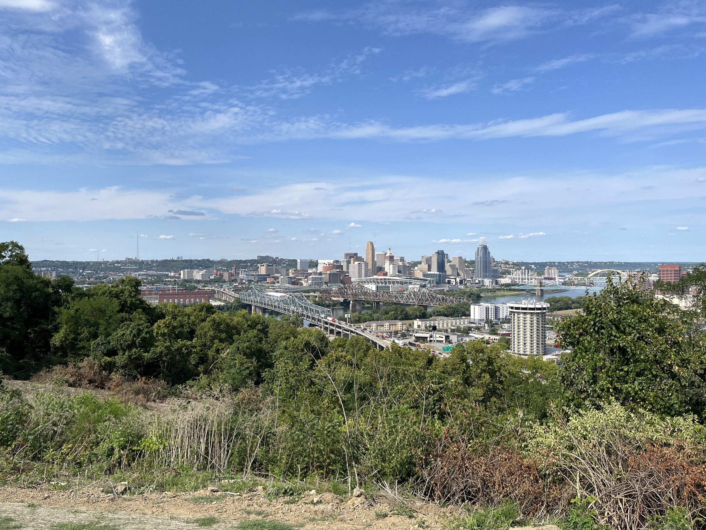 Cincinnati skyline and the Roebling Suspension Bridge, viewed from Devou Park